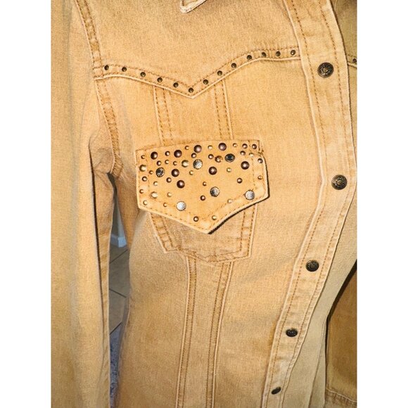 Diane Gilman DG2 Tan Denim Shirt Jacket Studded Western Cowgirl Distress Shacket - Picture 9 of 10
